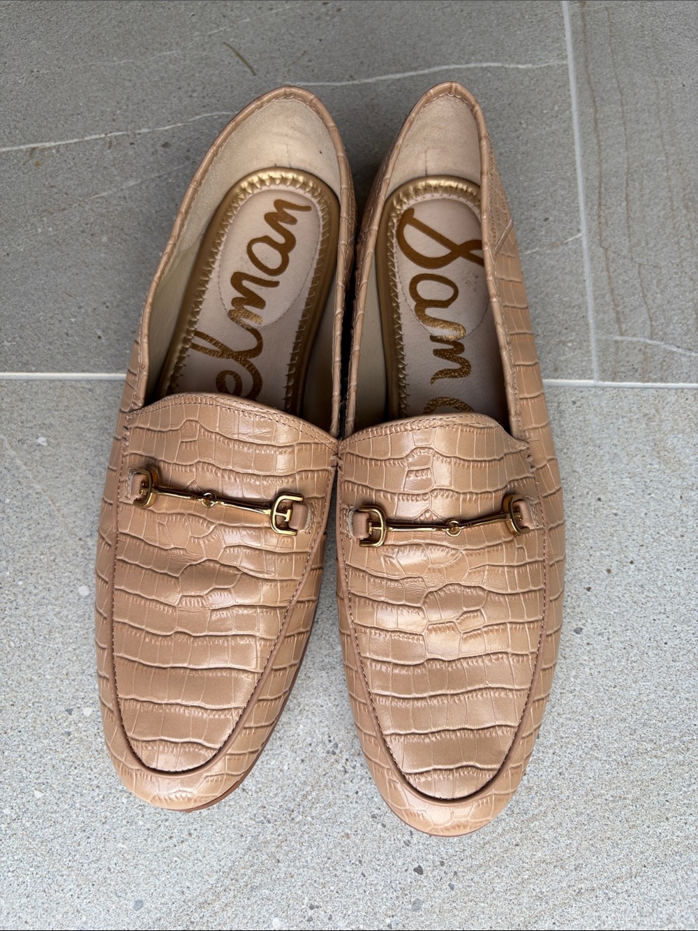 Sam Edelman Tan Croc-Embossed Loafers with Gold buckle.